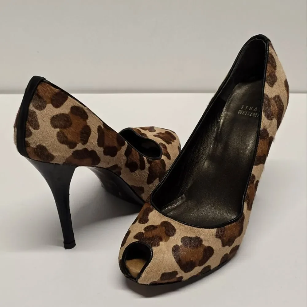 Stuart Weitzman Leopard Peep Toe Pumps Heels Cal Hair Leather 7.5
